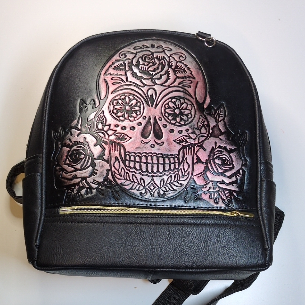 Black Leather Sugar Skull Dia De Los Muertos Mini Backpack